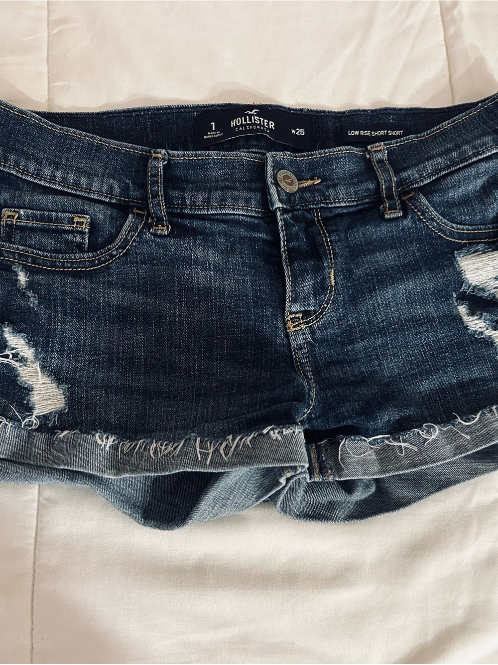 Hollister Frayed Hem Distressed Denim Shorts - Dark Blue